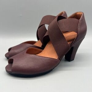 L'Amour Des Pieds Fanobone Cabernet Leather Peep Toe Elastic Strap Pumps 6M
